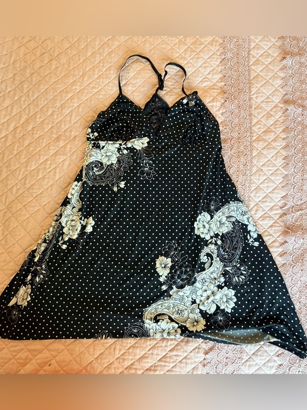 Secret Treasures Black Mini Slip Dress with White Floral & Polka Dot Print